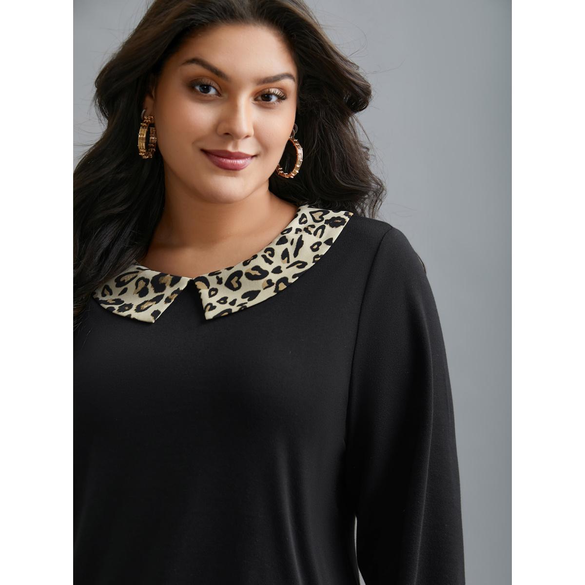 Plus Size Peter Pan Collar Leopard Print Patchwork Sweatshirt Women Black Elegant Contrast Peter Pan collar Everyday Sweatshirts BloomChic 10/M Product Image