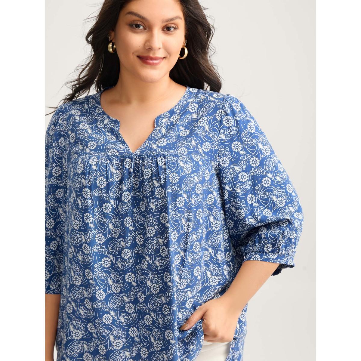 Plus Size Navy Floral Print Quarter Sleeve Blouse Women Leisure Elbow-length sleeve Notched collar Casual Blouses BloomChic 22-24/3X Product Image