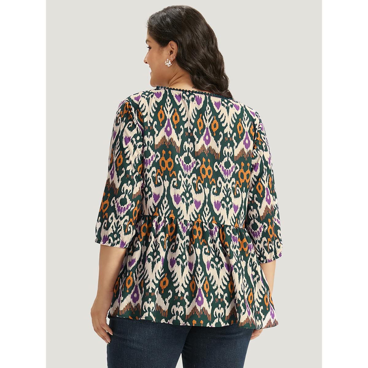 Plus Size Green Bandana Print Ties Pompom Trim Blouse Women Vacation Elbow-length sleeve V-neck Dailywear Blouses BloomChic 26/4X Product Image