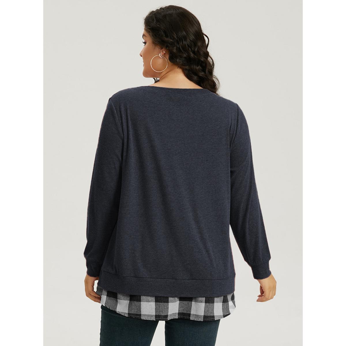 Plus Size Heather Plaid Patchwork Crew Neck T-shirt Midnight Women Casual Heather Plaid Round Neck Everyday T-shirts BloomChic 26/4X Product Image