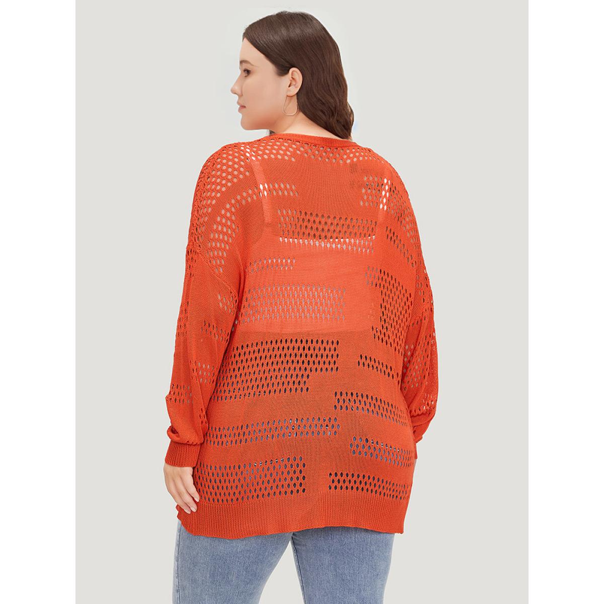 Plus Size Plain Open Front Elastic Sleeve Cut Out Cardigan Scarlet Women Casual Loose Long Sleeve Everyday Cardigans BloomChic 12/L Product Image