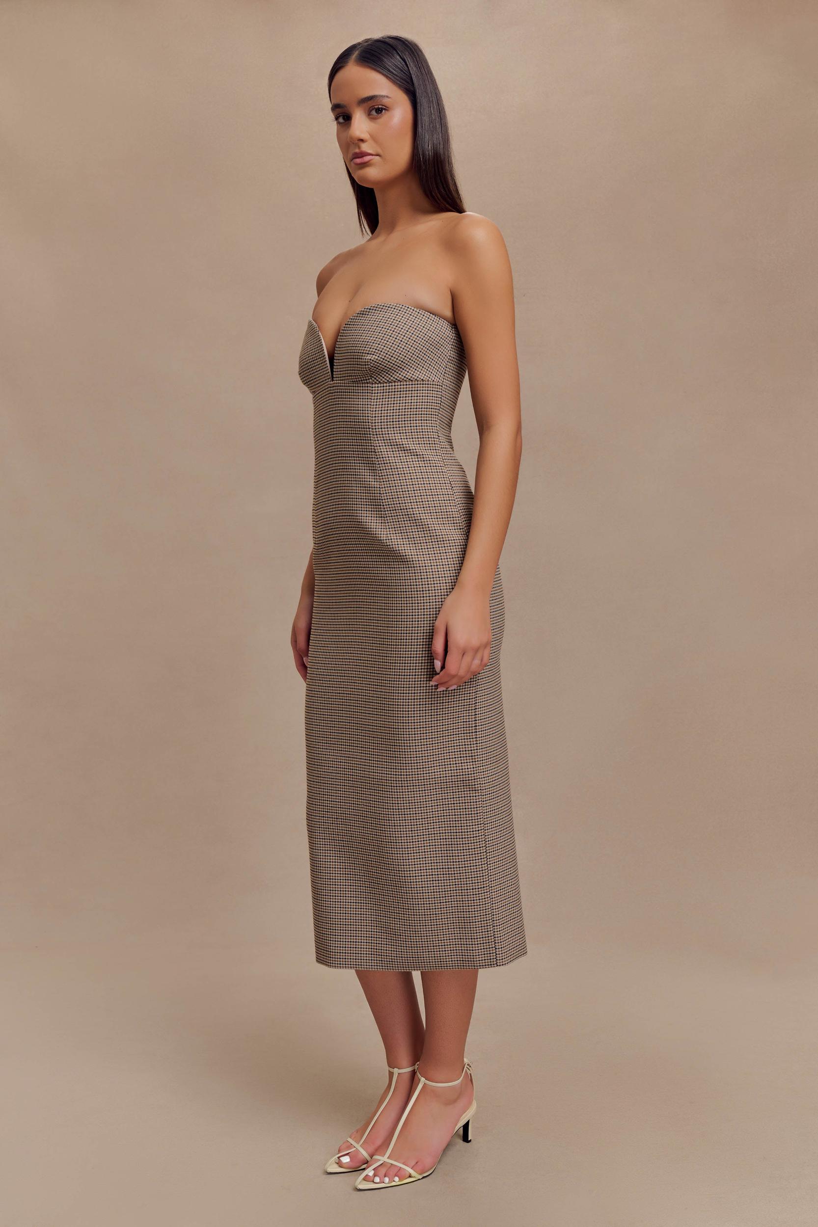 Christie Strapless Midi Dress - Tan Check Product Image