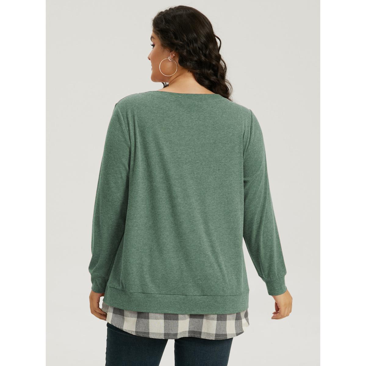 Plus Size Heather Plaid Patchwork Crew Neck T-shirt Green Women Leisure Heather Plaid Round Neck Casual T-shirts BloomChic 18-20/2X Product Image