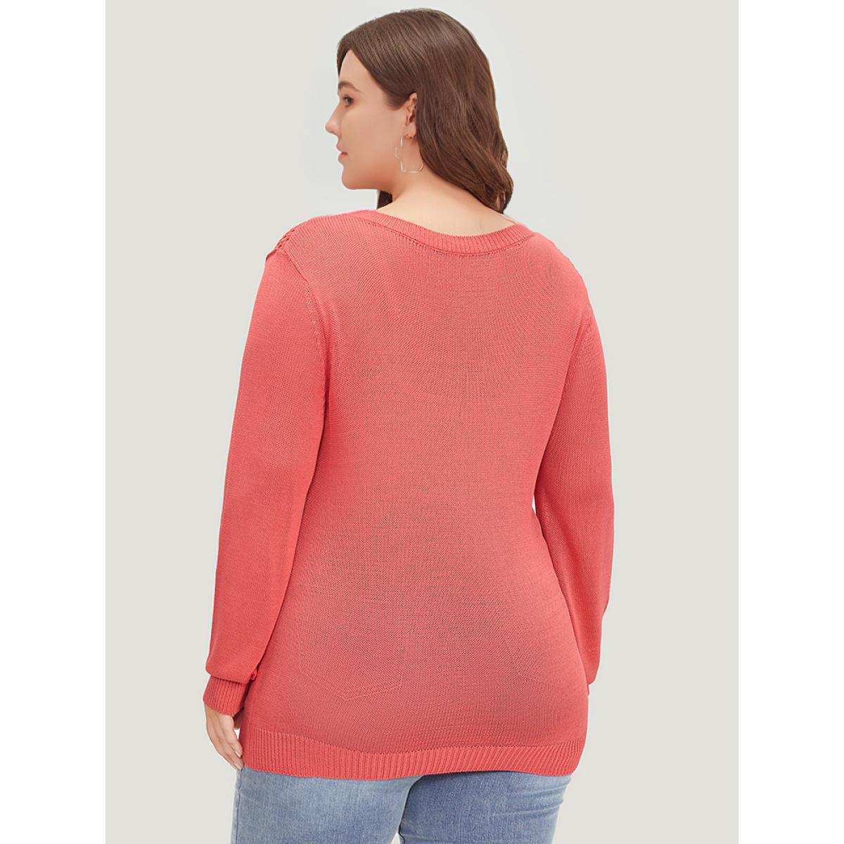 Plus Size Plain Patchwork Cut Out Round Neck Pullover Watermelon Women Casual Bodycon Long Sleeve Round Neck Everyday Pullovers BloomChic 22-24/3X Product Image