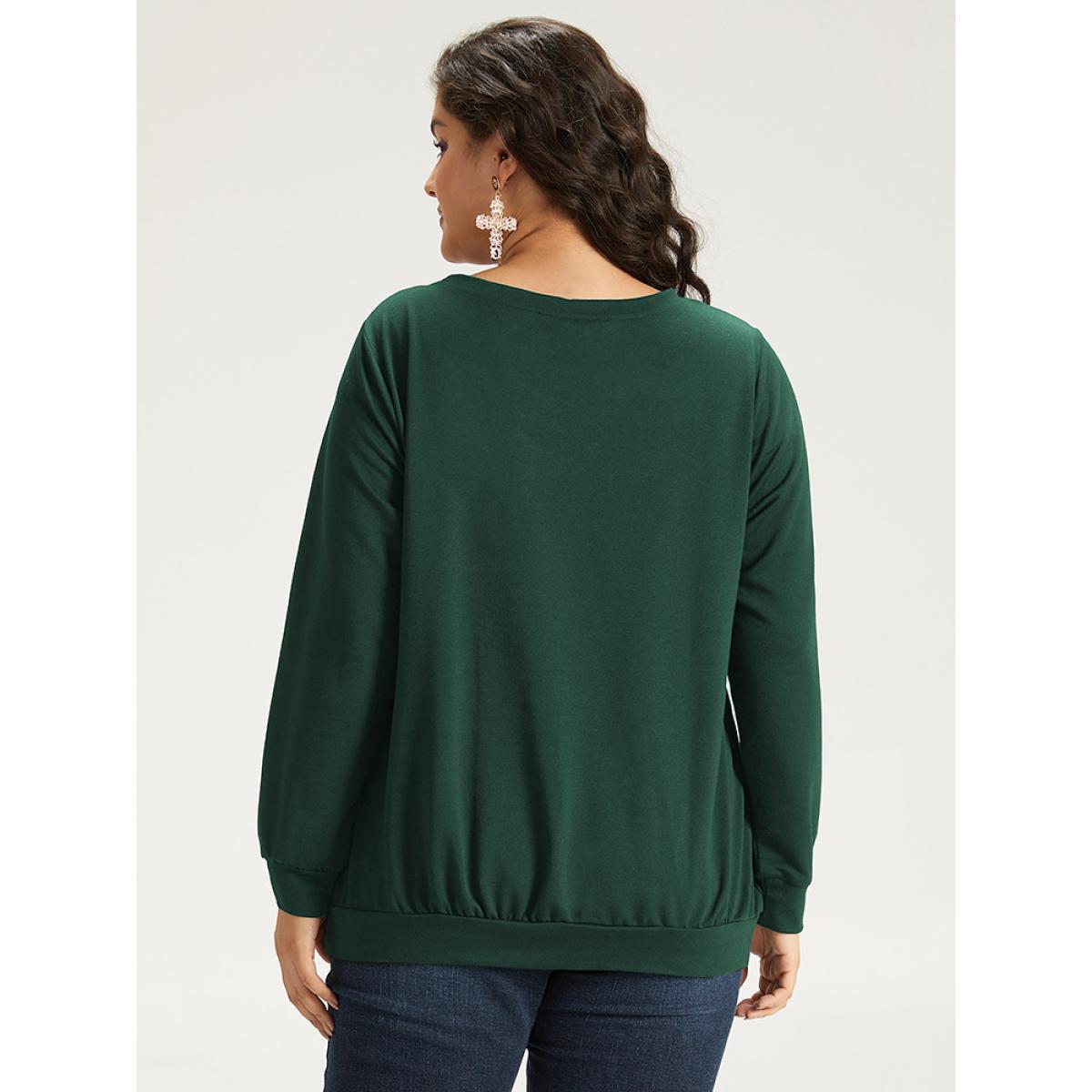 Plus Size Halloween Bat Print Mesh Patchwork Sweatshirt Women DarkGreen Elegant Elastic cuffs Round Neck Festival-Halloween Sweatshirts BloomChic 18-20/2X Product Image