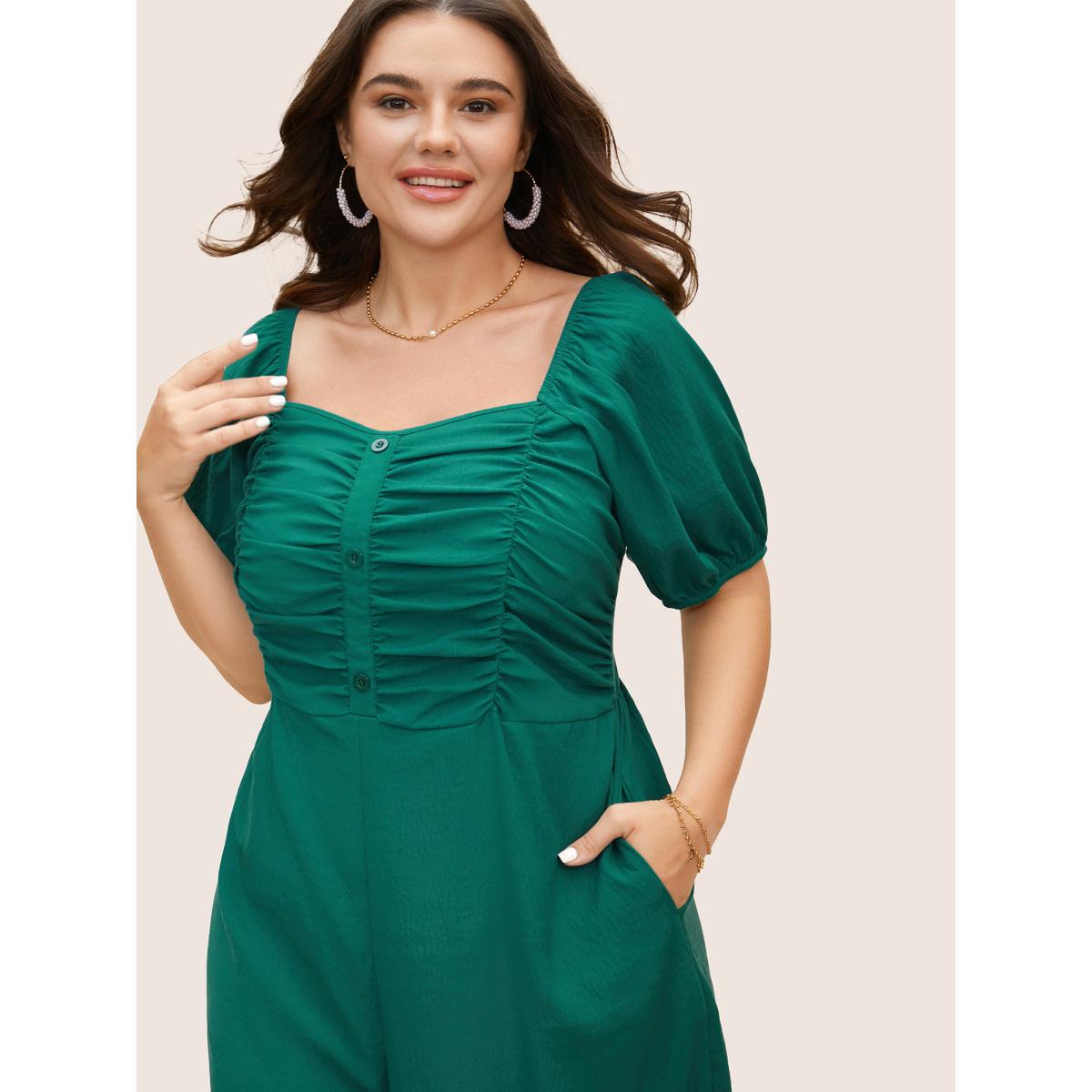 Plus Size Emerald Heart Neckline Lantern Sleeve Ruched Jumpsuit Women Elegant Short sleeve Heart neckline Everyday Loose Jumpsuits BloomChic 12/L Product Image