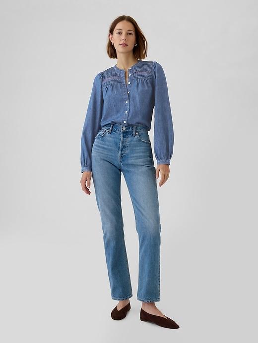 Puff-Sleeve Lace-Trim Denim Shirt Product Image