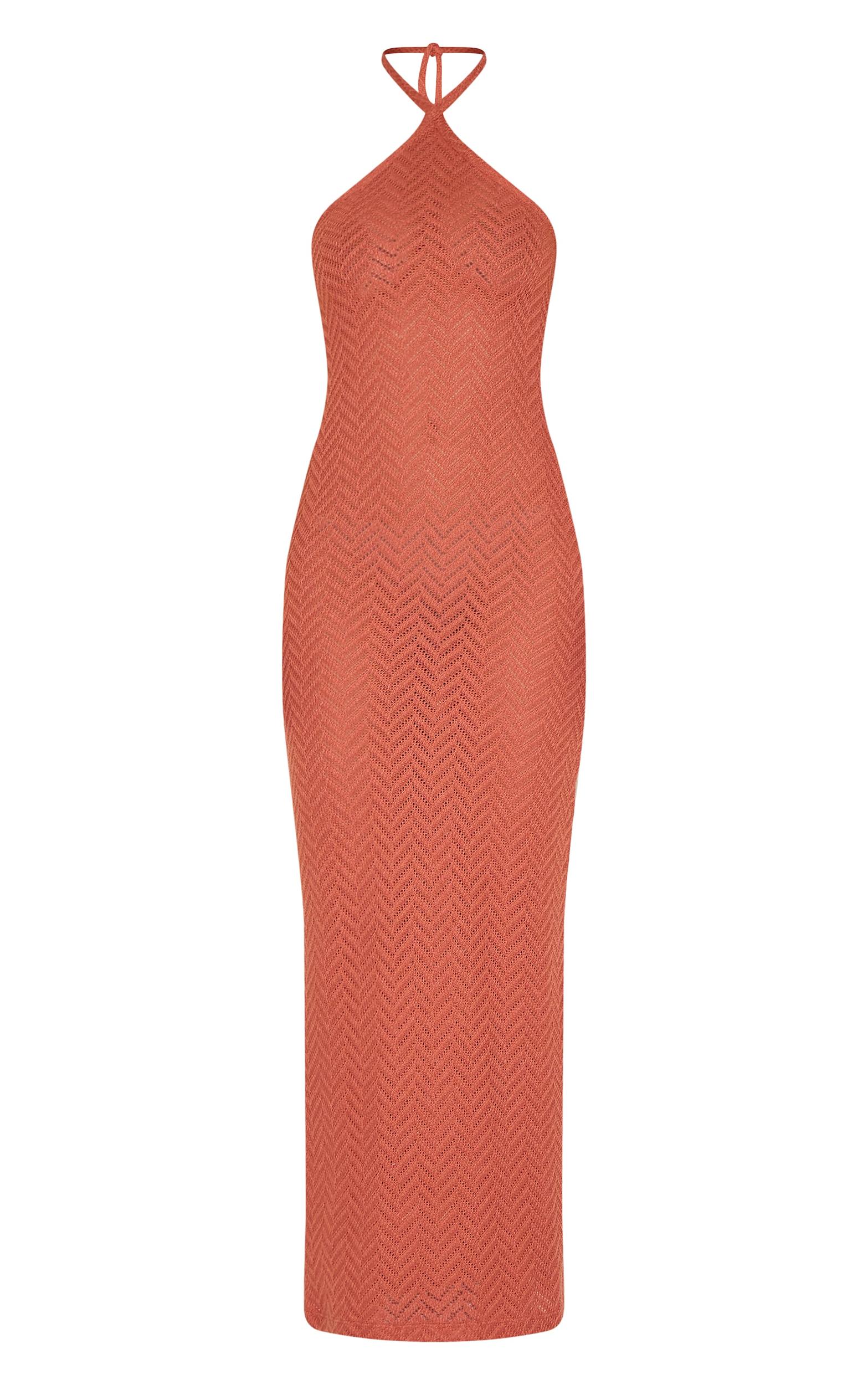 Rust Textured Tie Halter Maxi Dress Product Image