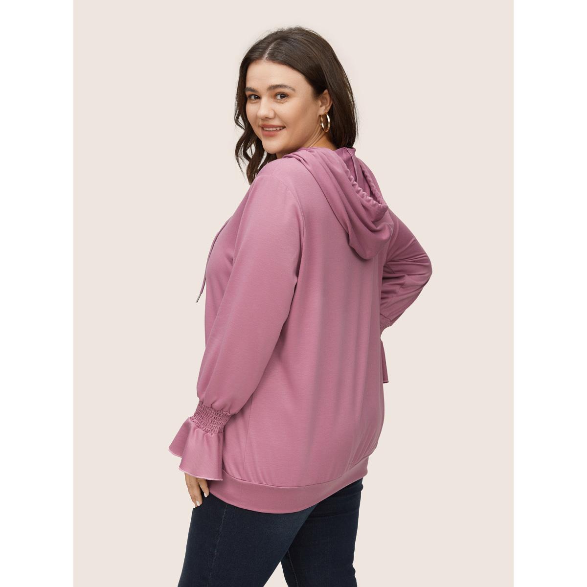 Plus Size Solid Shirred Flounces Hooded Sweatshirt Women DustyPink Casual Plain Hooded Everyday Sweatshirts BloomChic 30/6X Product Image