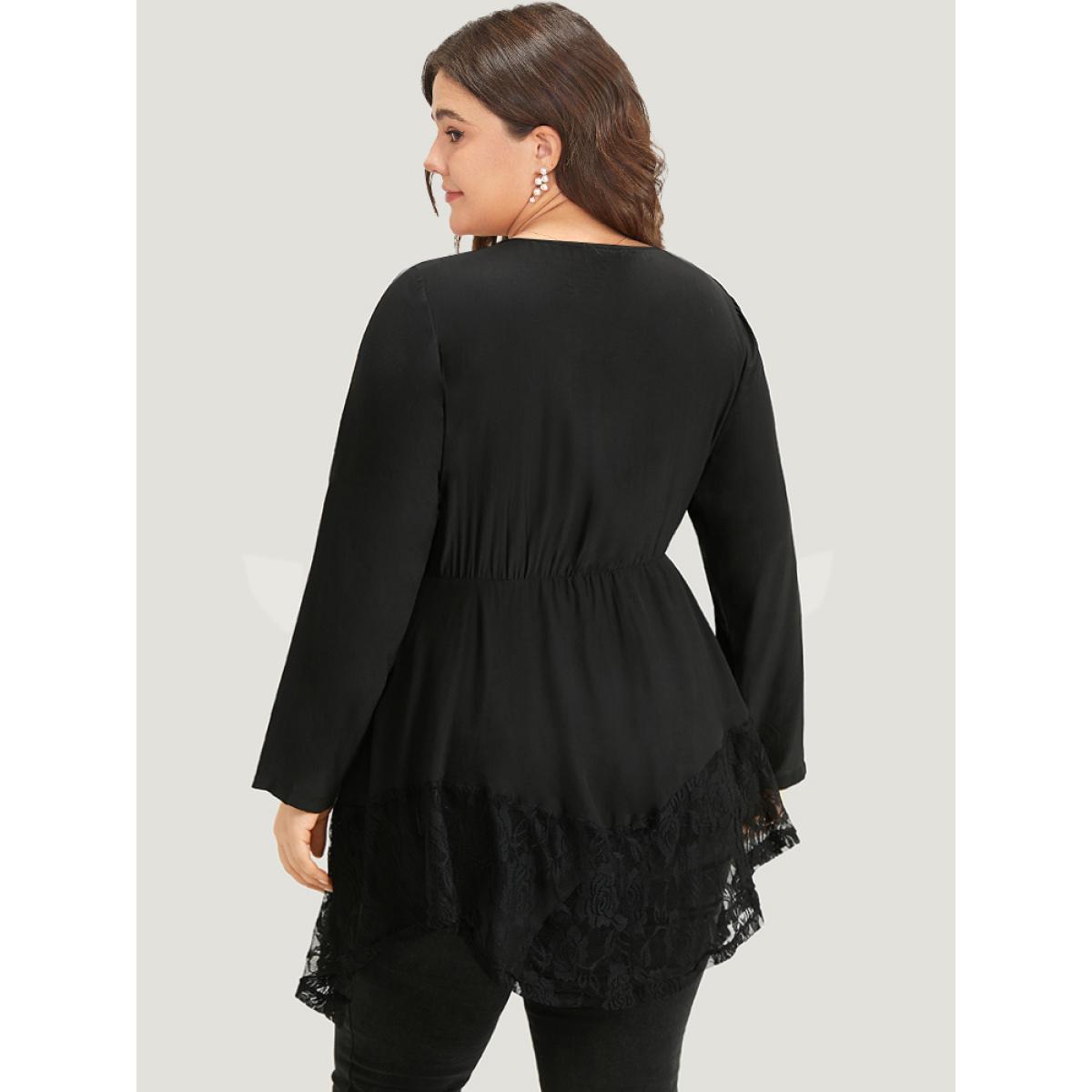 Plus Size Black Halloween Plain Lace Asymmetrical Hem Blouse Women Elegant Long Sleeve V-neck Dailywear Blouses BloomChic 14-16/1X Product Image