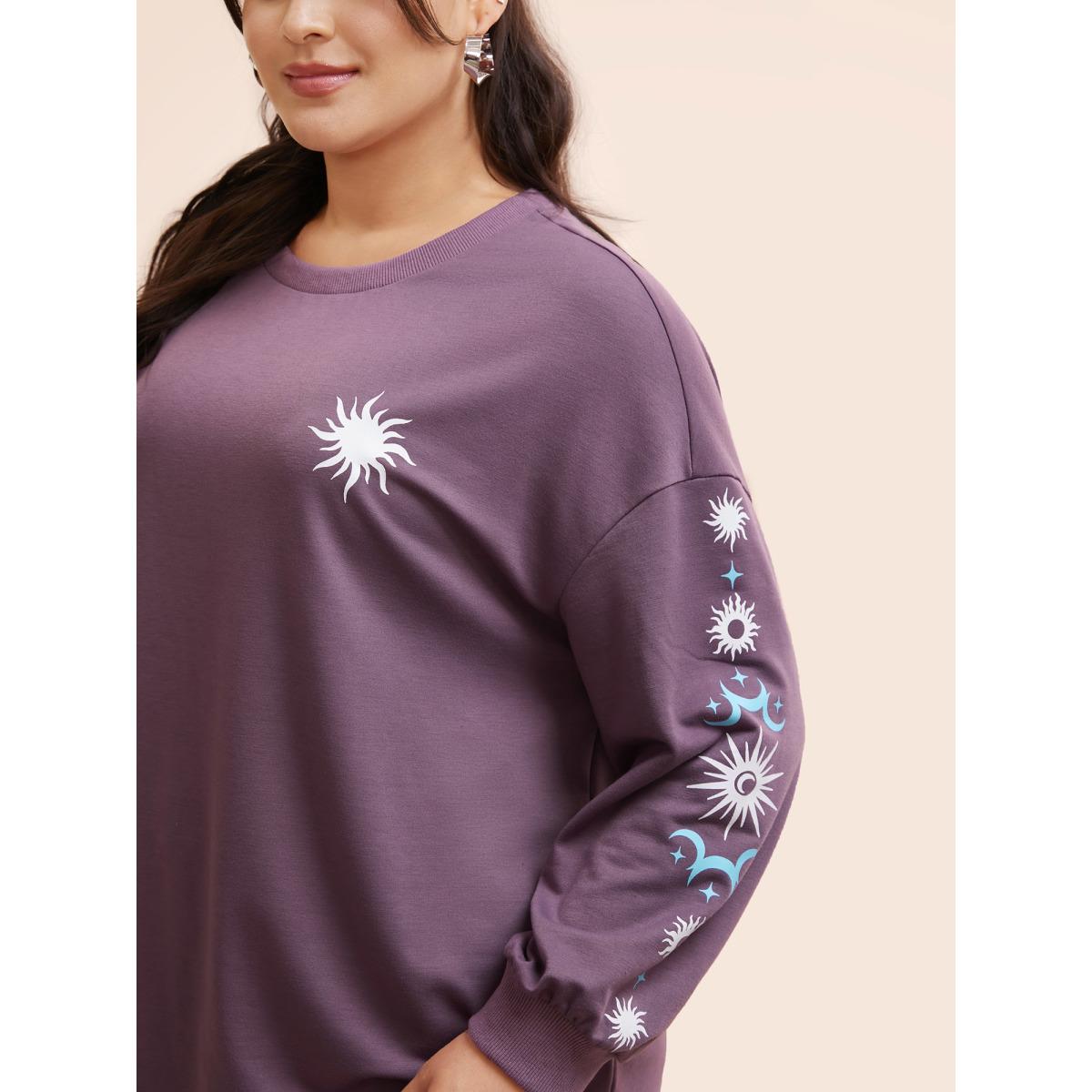 Plus Size Moon & Star Drop Shoulder Sweatshirt Women Mauve Casual Patchwork Round Neck Everyday Sweatshirts BloomChic 14-16/1X Product Image