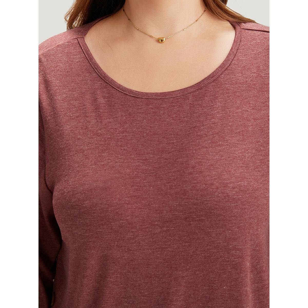 Plus Size Plain Round Neck Button Detail T-shirt Russet Women Casual Plain Plain Round Neck Dailywear T-shirts BloomChic 28/5X Product Image