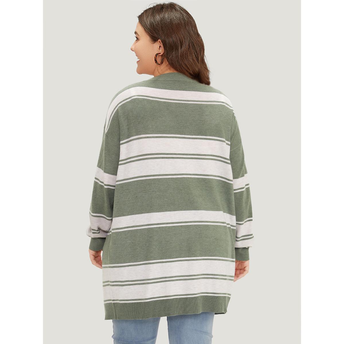Plus Size Striped Patchwork Open Front Pocket Cardigan Green Women Casual Long Sleeve Everyday Cardigans BloomChic 22-24/3X Product Image