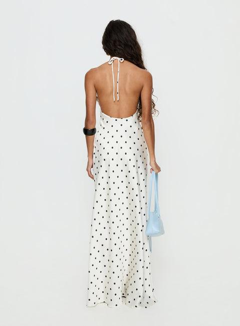 Costella Halter Satin Maxi Dress Cream Polka Dot Product Image