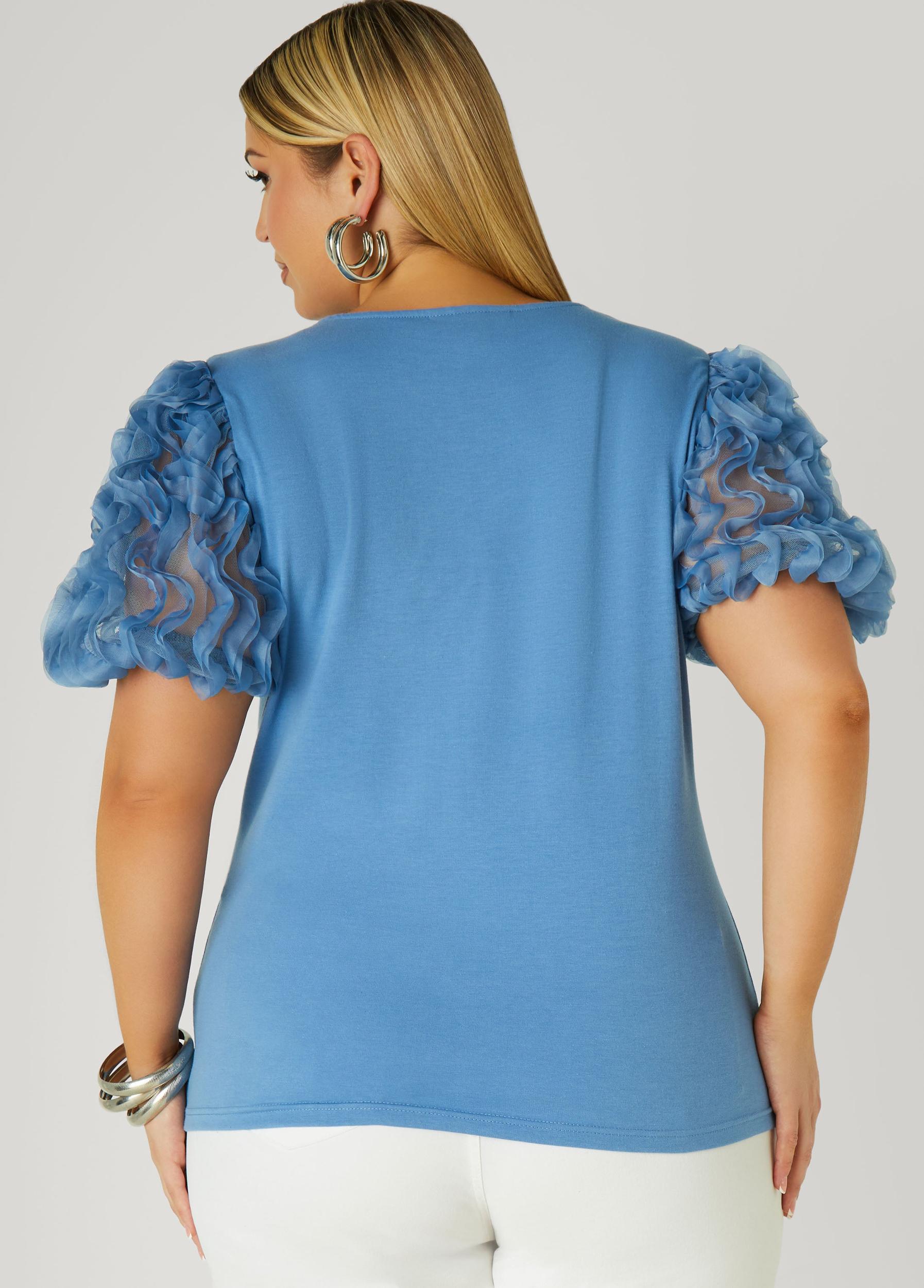 Plus Size Ruffled Mesh Paneled Top Ashley Stewart Product Image