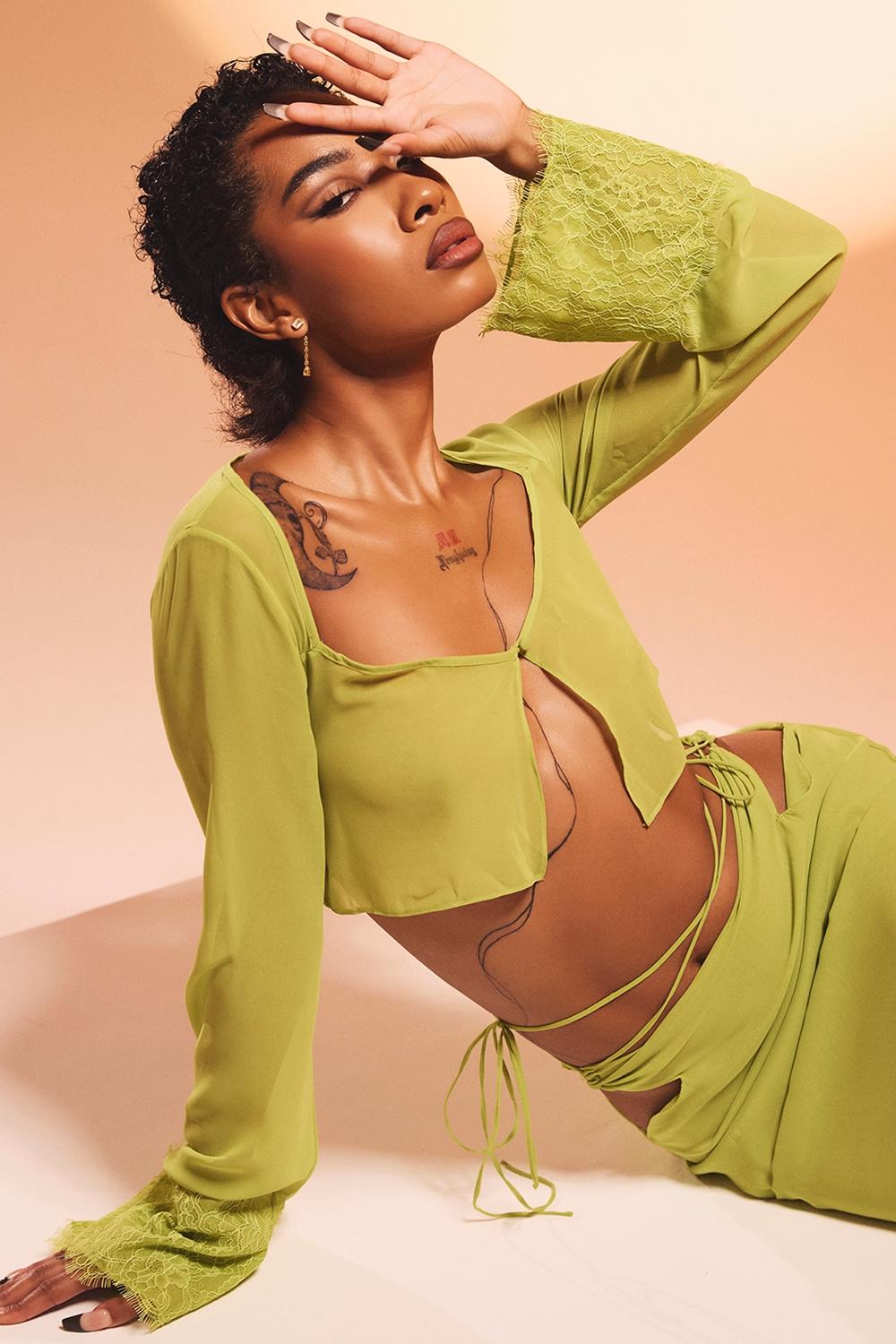 Tara  lime green georgette cropped top Product Image