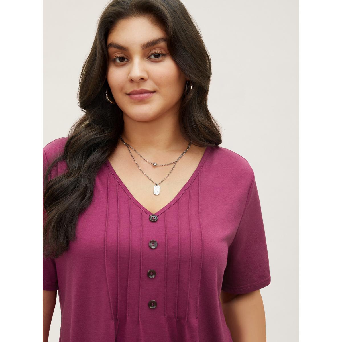 Plus Size Solid Pleated Front Button Detail V Neck T-shirt RedViolet Women Casual Button Plain Everyday T-shirts BloomChic 18-20/2X Product Image