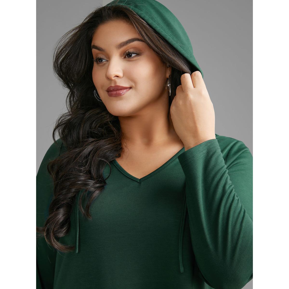 Plus Size Hooded Drawstring Asymmetrical Hem Sweatshirt Women DarkGreen Casual Drawstring Loose Hooded Everyday Sweatshirts BloomChic 14-16/1X Product Image