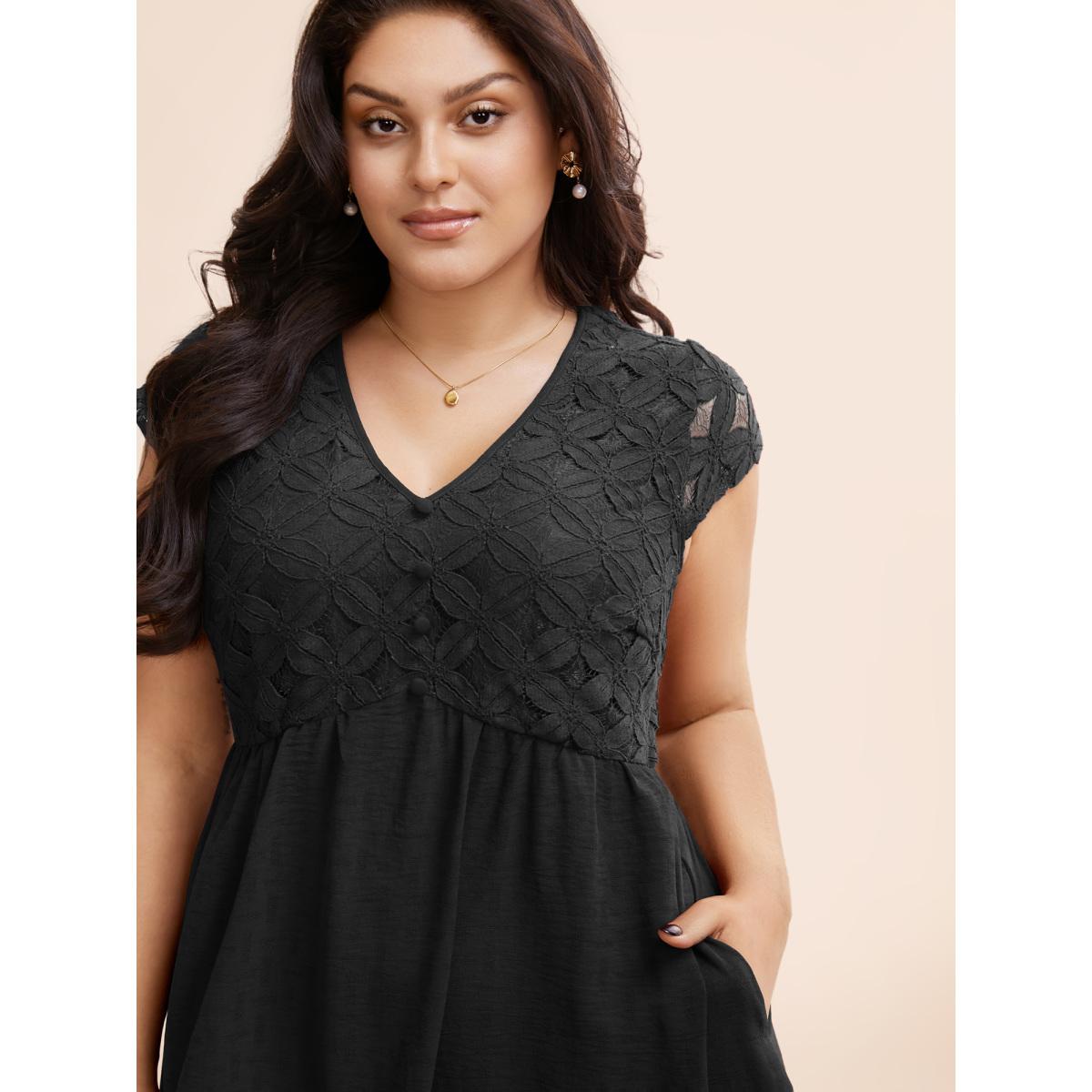 Plus Size Plain Lace Panel Cap Sleeve Dress Black Women Elegant Texture V-neck Cap Sleeve Curvy BloomChic 14-16/1X Product Image
