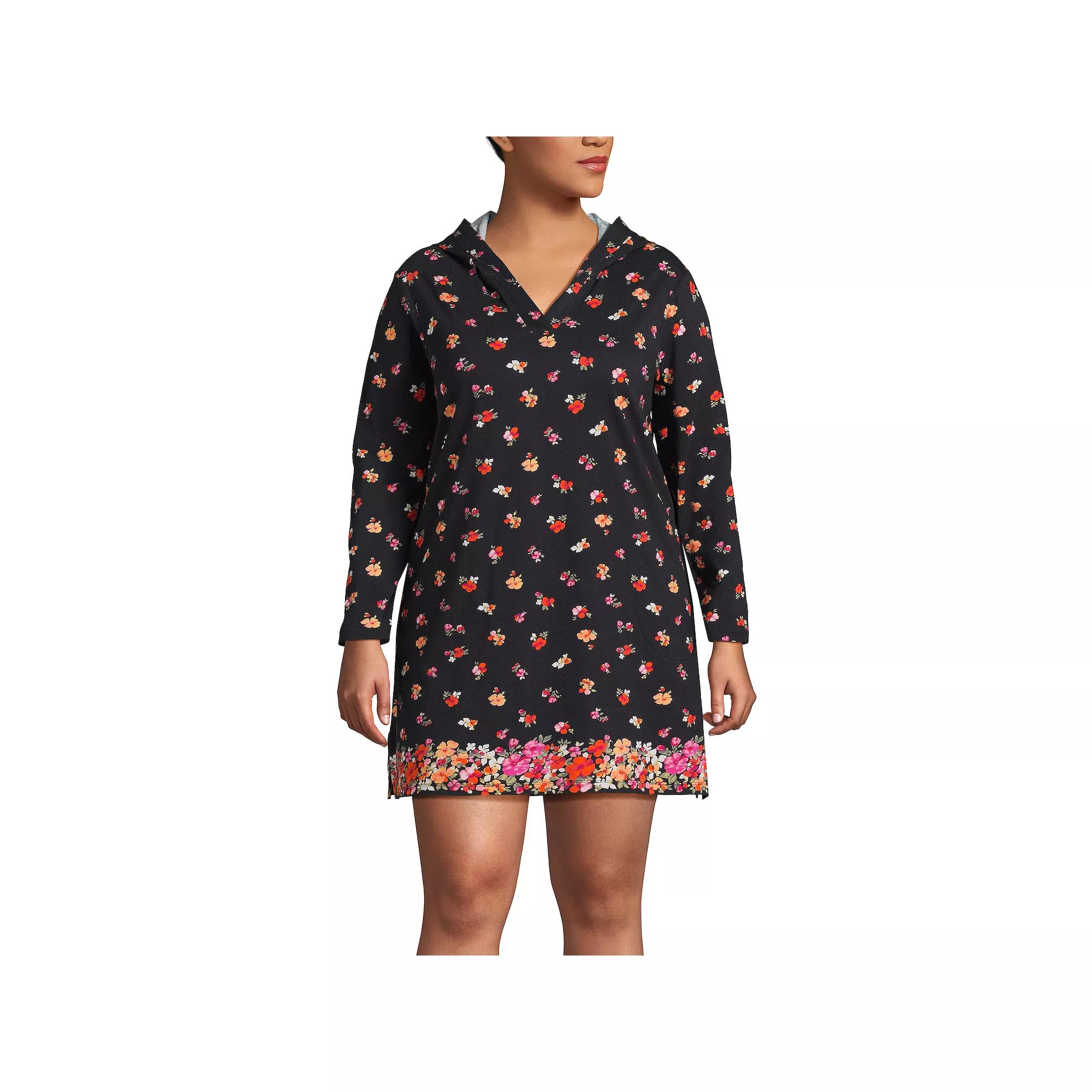 Plus Size Lands' End Hooded Swim Cover-Up Dress, Women's, Size: 1XL, Black Floral Border Product Image