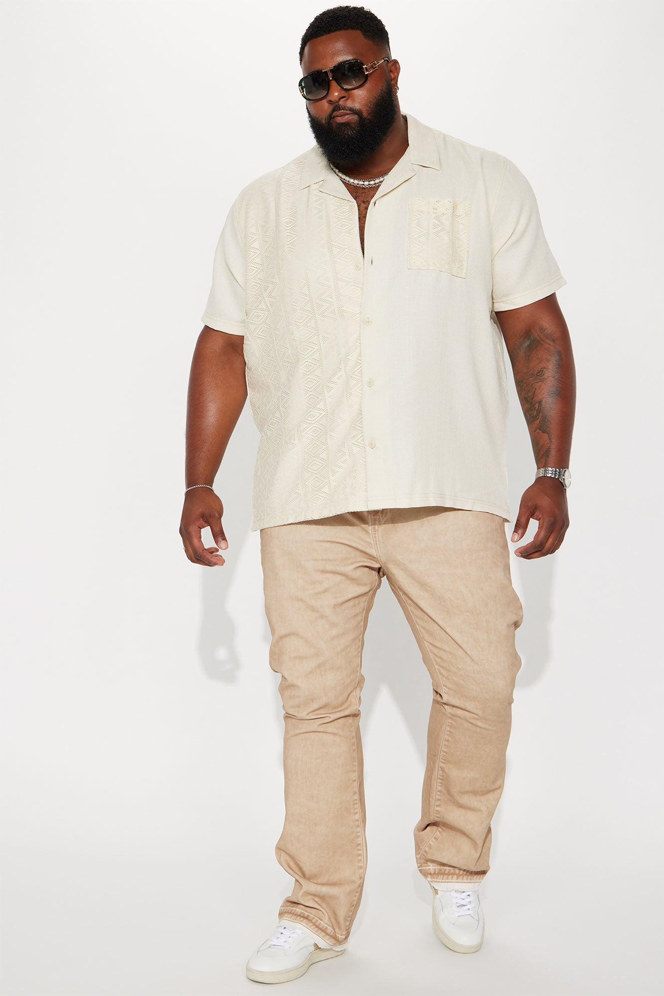 Half Crochet Pattern Short Sleeve Button Up Shirt - Cream Product Image