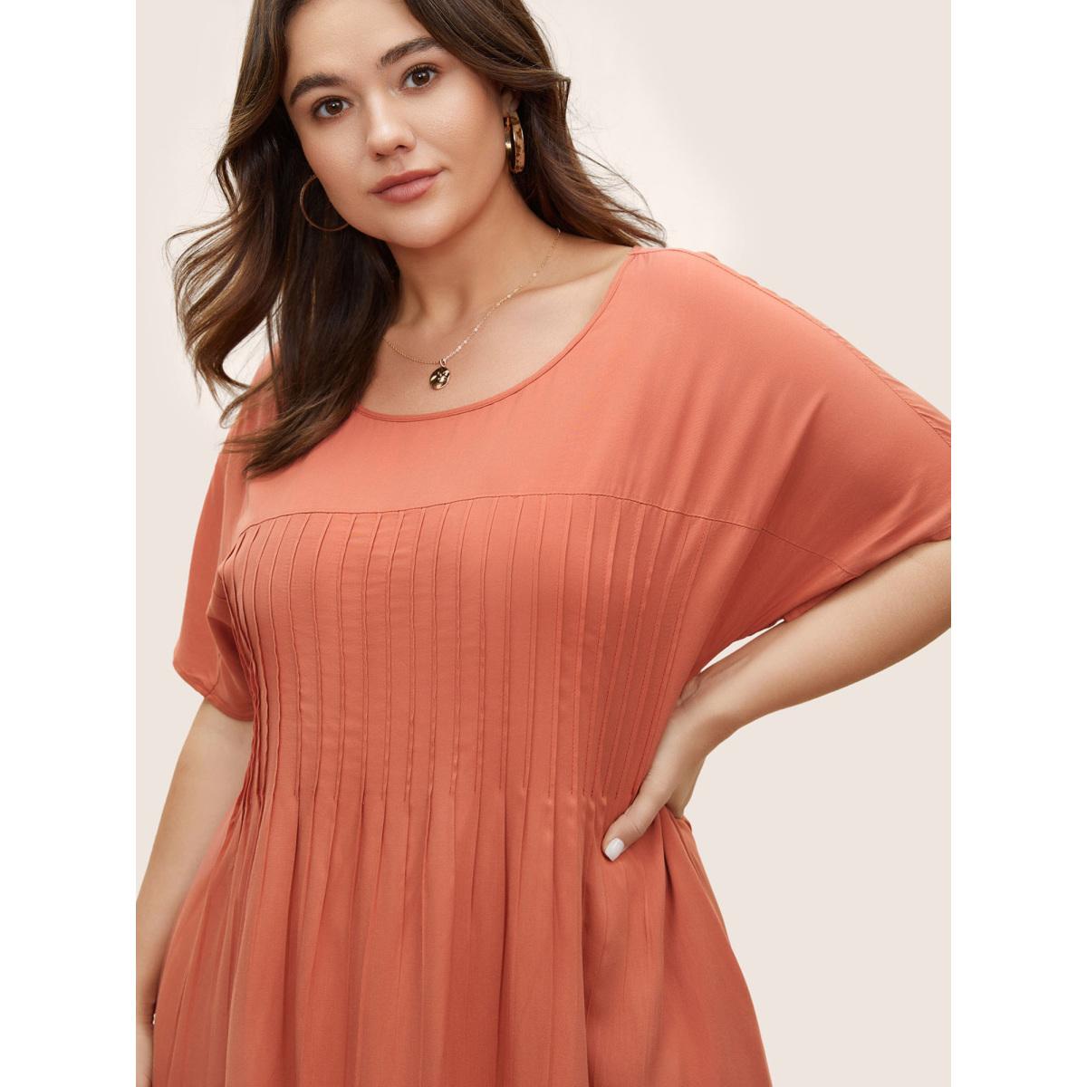 Plus Size Plain Pleated Pocket Rayon Midi Dress Coral Women Casual Non Round Neck Short sleeve Curvy Midi Dress BloomChic 12/L Product Image
