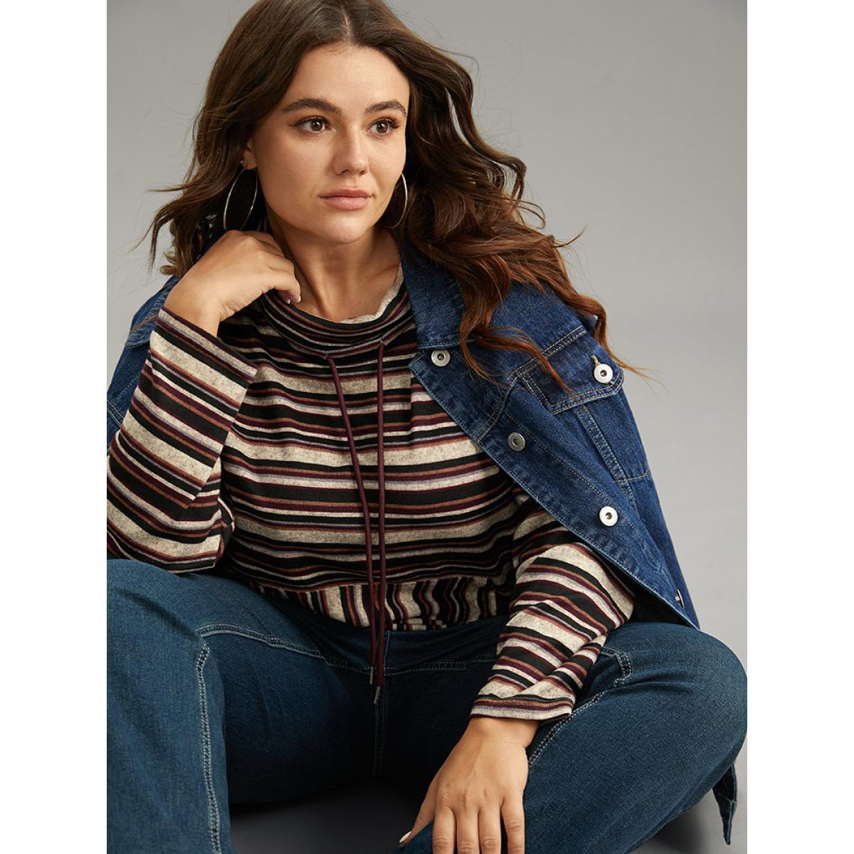 Plus Size Striped Mock Neck Drawstring Pocket T-shirt Burgundy Women Casual Contrast Striped Mock Neck Dailywear T-shirts BloomChic 22-24/3X Product Image