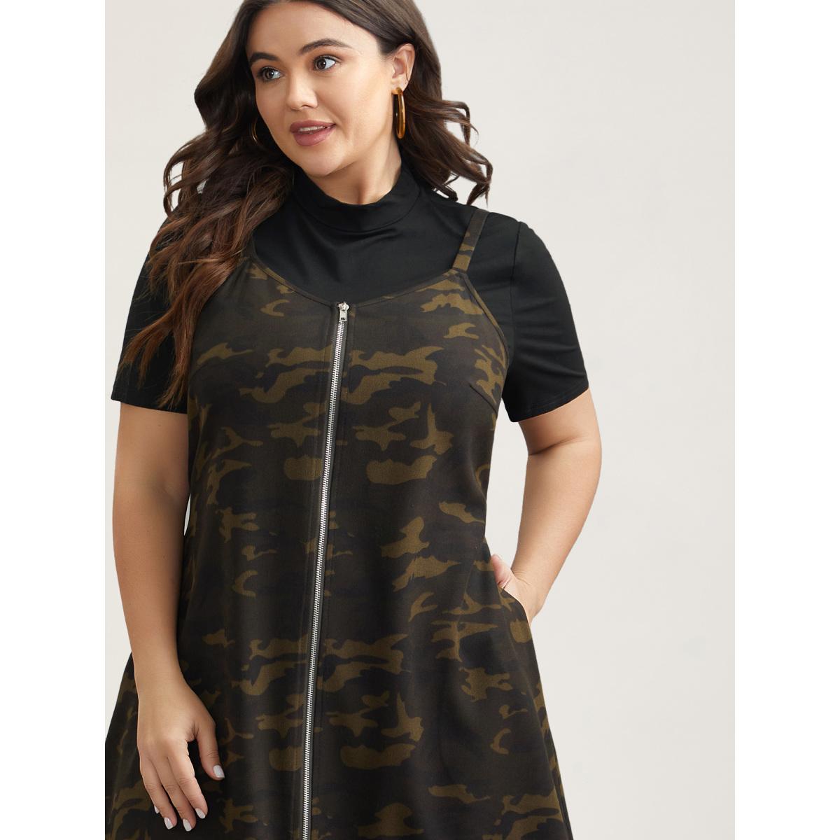 Plus Size Camouflage Print Zipper Front Adjustable Midi Dress ArmyGreen Women Casual Non Non Sleeveless Curvy BloomChic 28/5X Product Image
