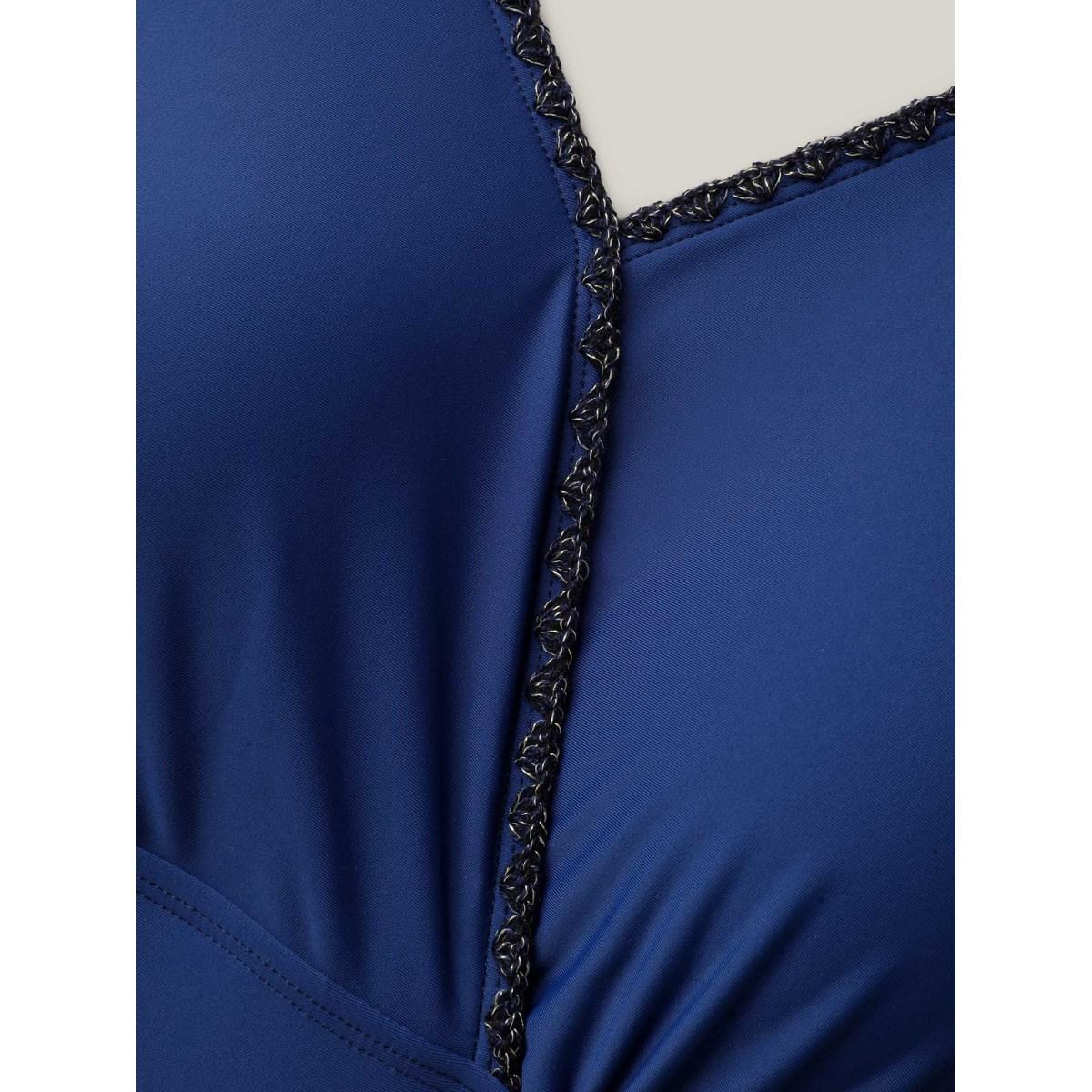 Plus Size 2-in-1 Embroidered Surplice Swim Dress Women's Swimwear Indigo Beach Bodycon Overlap Collar High stretch Curve Swim Dresses BloomChic 30/6X Product Image