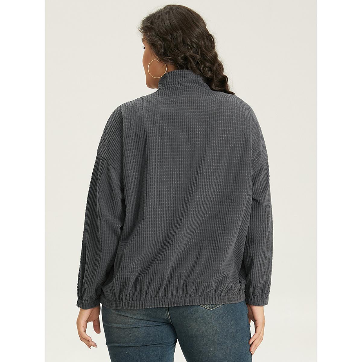 Plus Size Solid Texture Button Through Pocket Shacket Women Gray Elastic cuffs Pocket Everyday Jackets BloomChic 26/4X Product Image