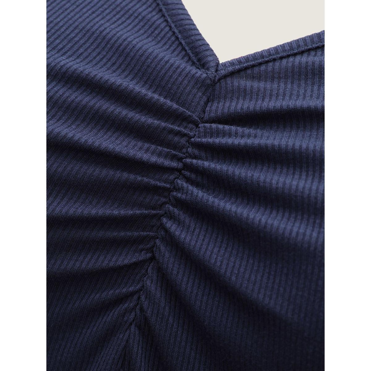 Plus Size Pleated Neckline Slim-Fit Plain T-Shirt Indigo Women Timeless Gathered V-neck Bodycon Elegant T-shirts BloomChic 18-20/2X Product Image