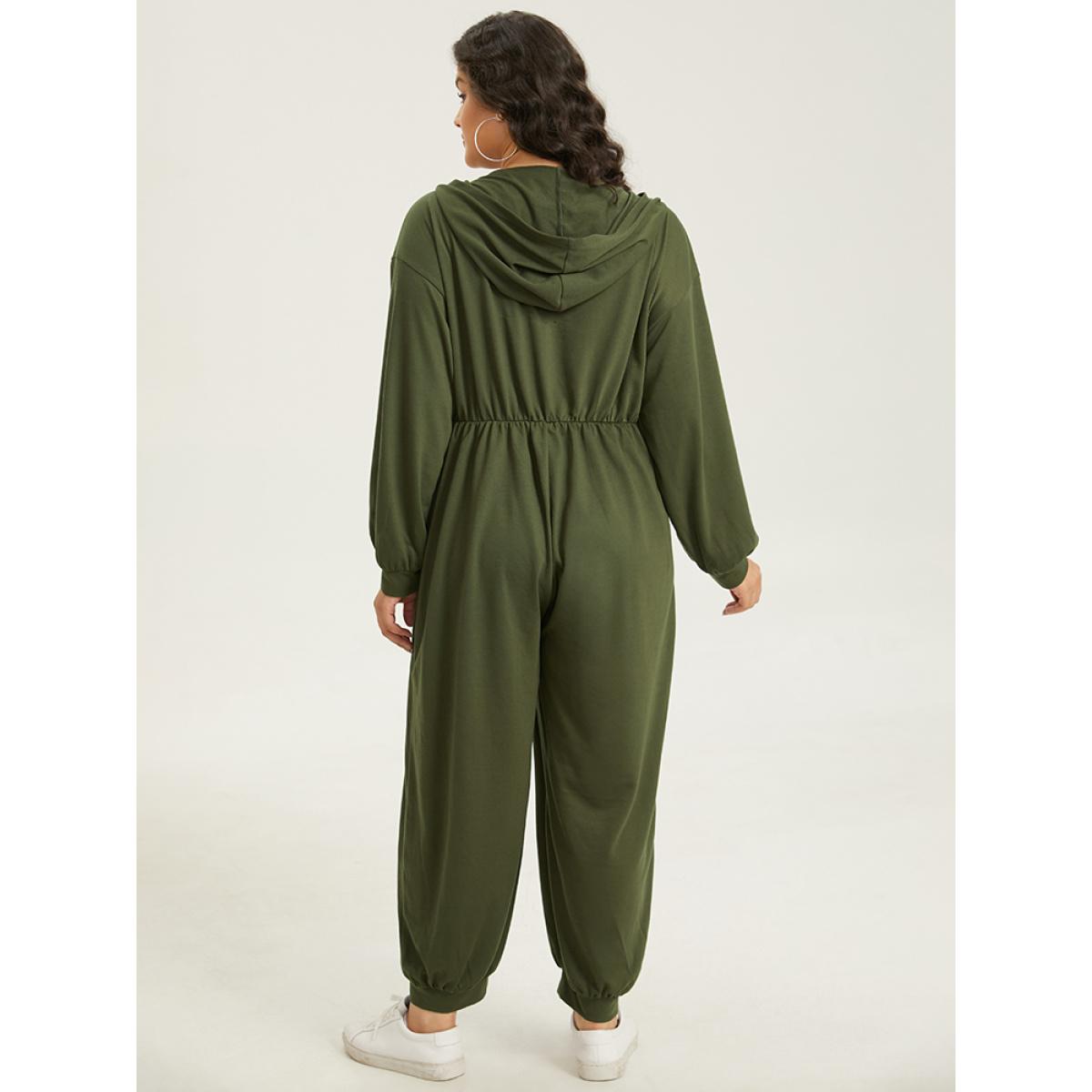 Plus Size ArmyGreen Solid Half Zip Hooded Gathered Jumpsuit Women Casual Long Sleeve Hooded Dailywear Loose Jumpsuits BloomChic 12/L Product Image