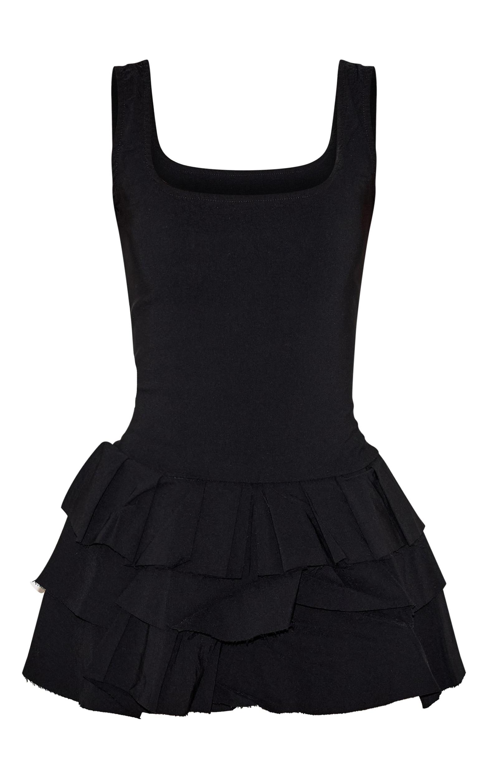 Black Stretch Woven Pleated Skort Romper Product Image