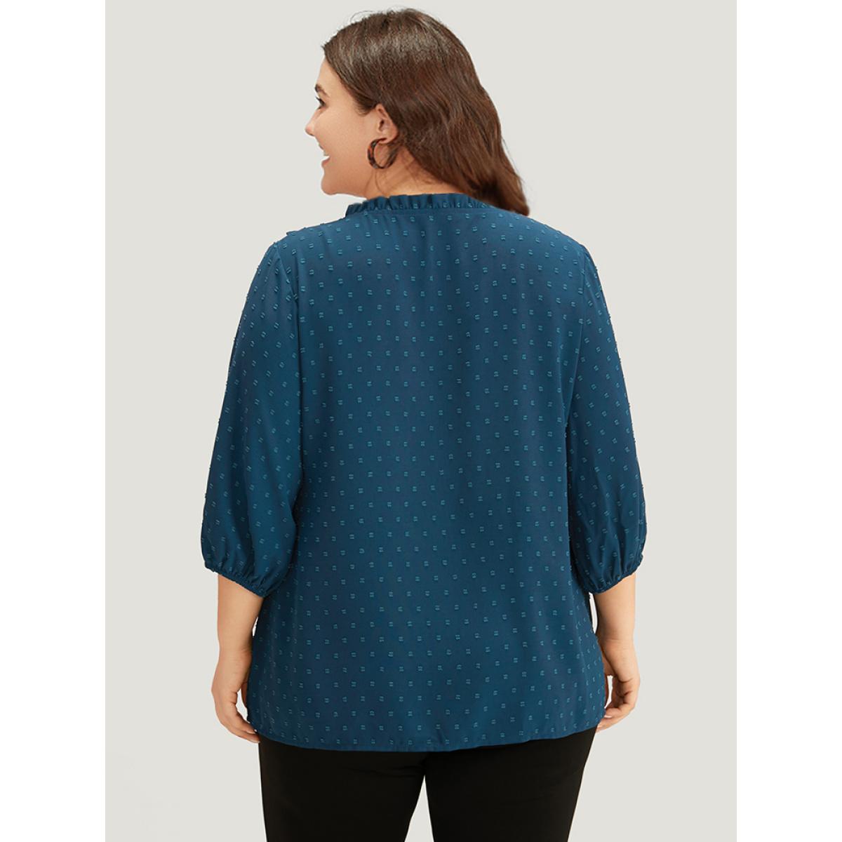 Plus Size Indigo Polka Dot Frill Trim Lantern Sleeve Blouse Women Elegant Elbow-length sleeve V-neck Dailywear Blouses BloomChic 12/L Product Image