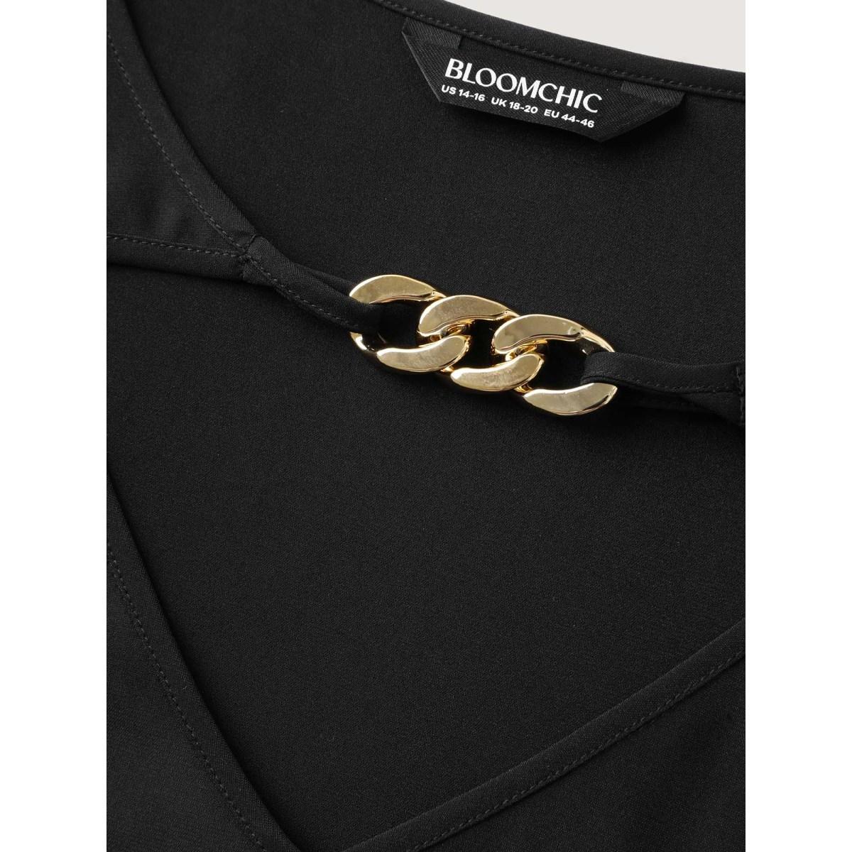 Plus Size Black Metallic Neck Detail Ruffled Solid Blouse Women Elbow-length sleeve Asymmetrical Neck Work Blouses BloomChic 18-20/2X Product Image