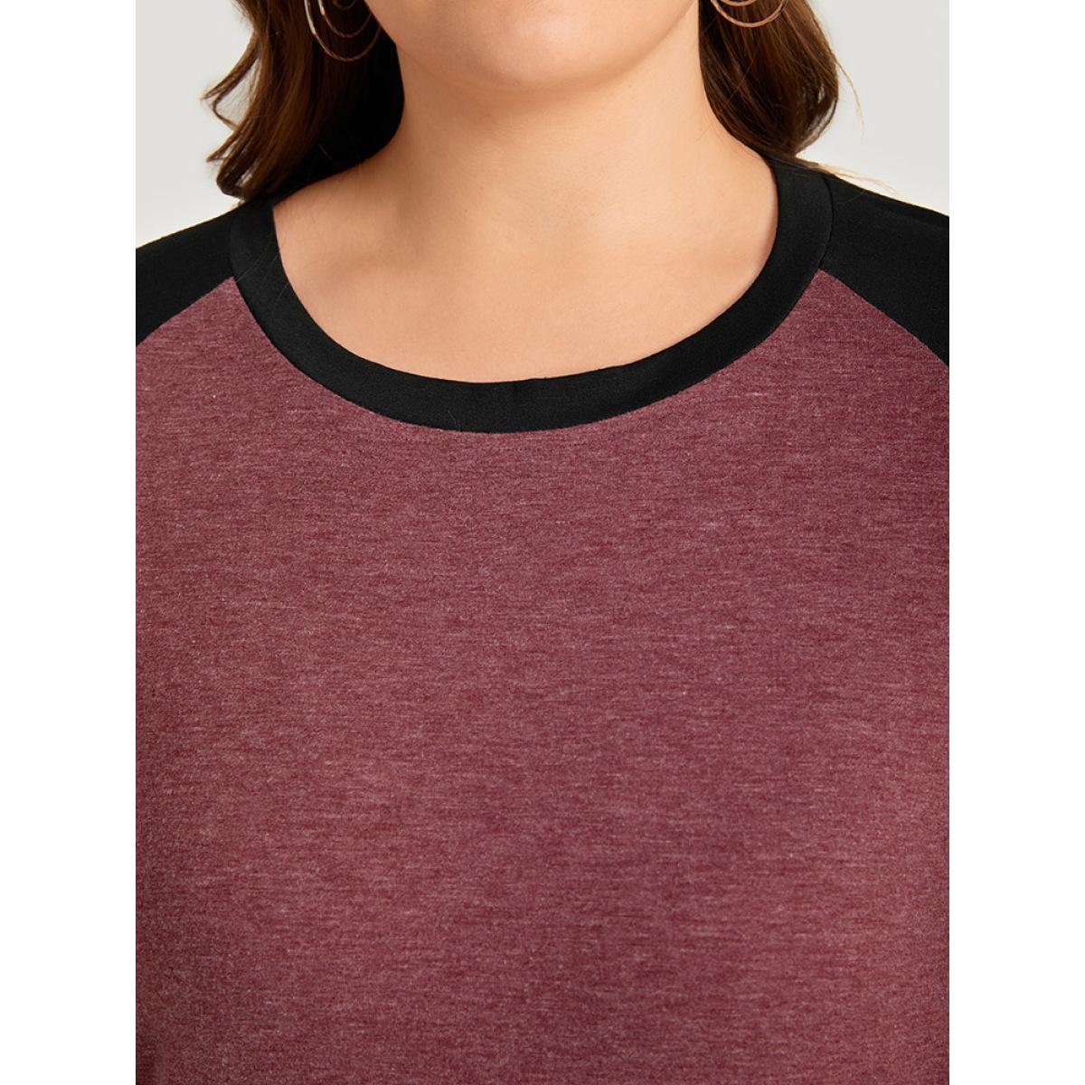 Plus Size Round Neck Lace Patchwork Raglan Sleeve T-shirt Russet Women Elegant Elastic cuffs Plain Round Neck Dailywear T-shirts BloomChic 28/5X Product Image