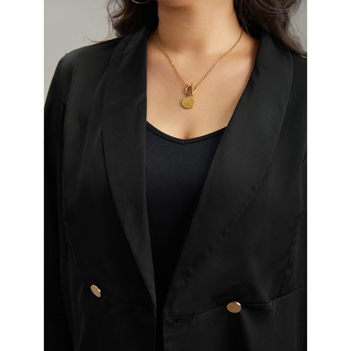 Plus Size Plain Ruffles Button Up Blazer Black Women Dailywear Plain Plain Ruffle Sleeve Long Sleeve Lapel Collar 18-20/2X Casual Blazers BloomChic Product Image