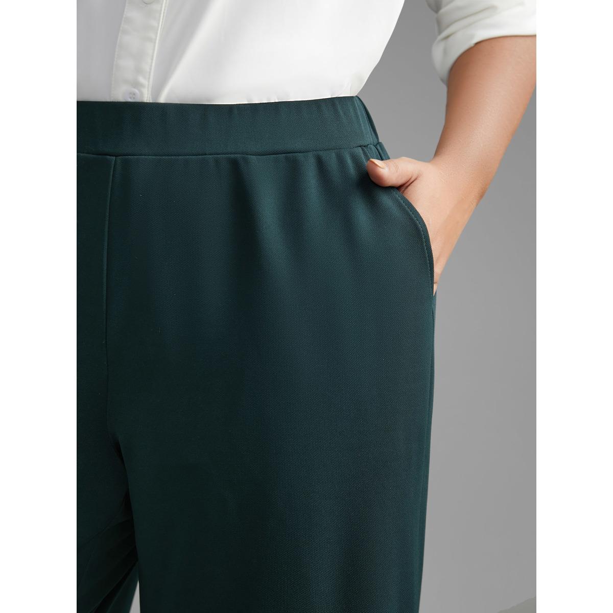 Plus Size Solid Elastic Waist Wide Leg Pants Women DarkGreen Workwear Essentials Wide Leg Mid Rise Work Pants BloomChic 30/6X Product Image
