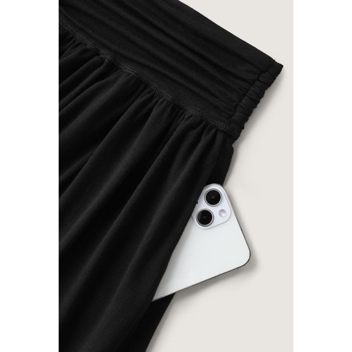 Plus Size Ruched Waist Flowy Solid Midi Skirt Women Black Leisure Loose No stretch Side seam pocket Casual Skirts BloomChic 28/5X Product Image