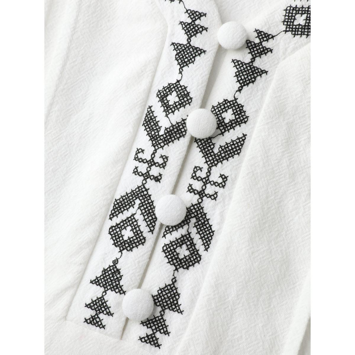 Plus Size Originalwhite Cotton Boho Embroidery V-Neck Blouse Women Boho Elbow-length sleeve V-neck Vacation Blouses BloomChic 14-16/1X Product Image