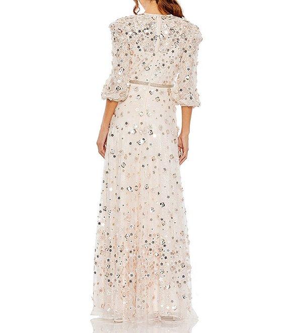 Mac Duggal Sequin Floral Applique Illusion Crew Neck 3/4 Sleeve Gown Product Image