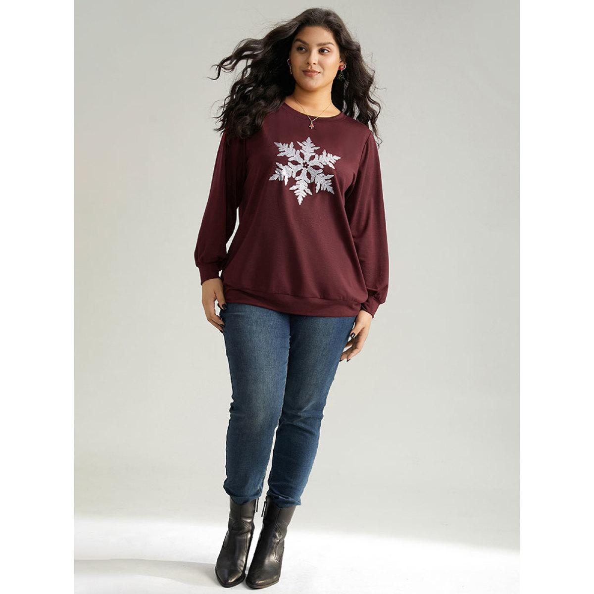 Plus Size Glitter Snowflake Round Neck Sweatshirt Women Scarlet Casual Elastic cuffs Festival-Halloween Sweatshirts BloomChic 18-20/2X Product Image