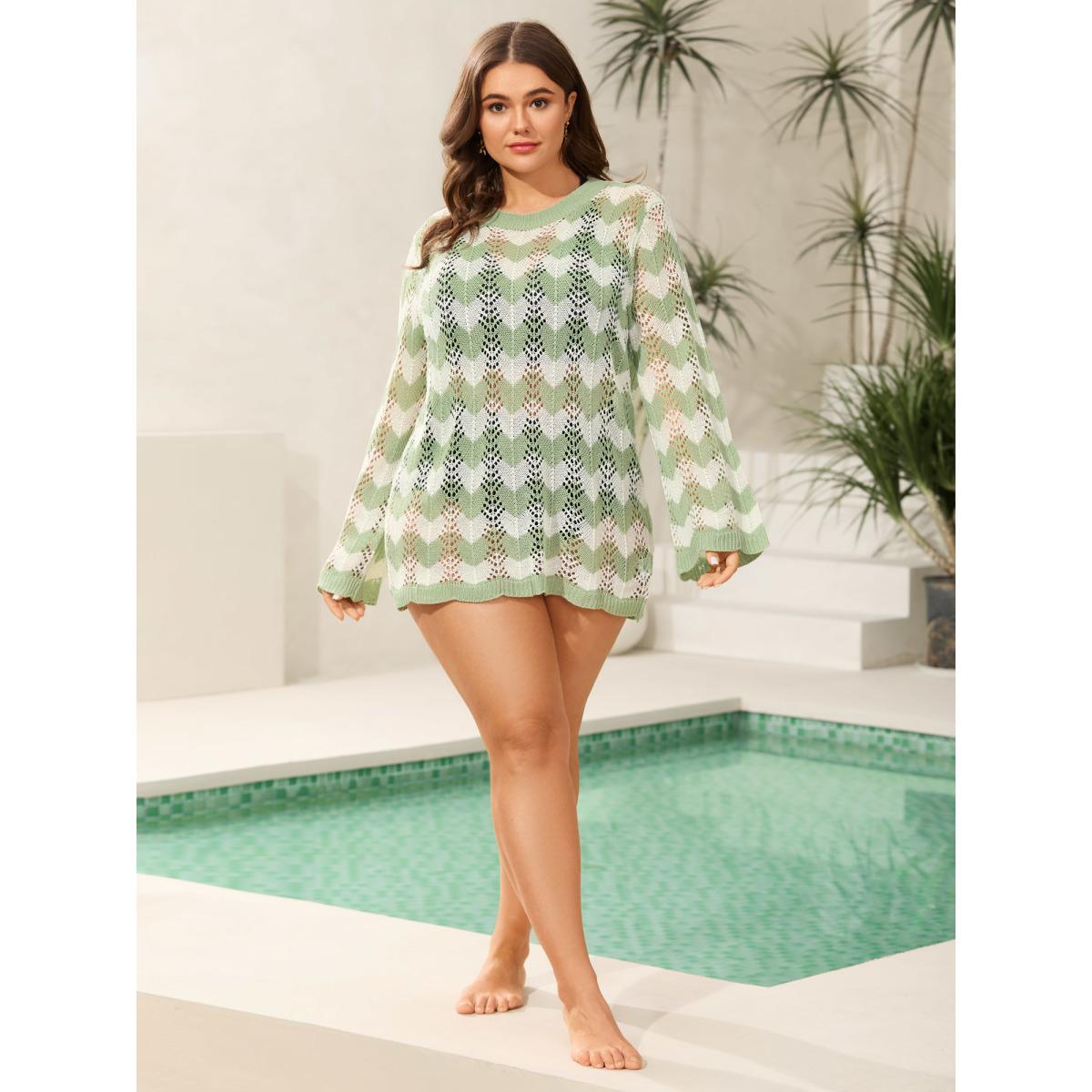 Plus Size Textured Cut-Out Round Neck Pullover Greenbean Women Casual Loose Long Sleeve Round Neck Everyday Pullovers BloomChic 10/M Product Image