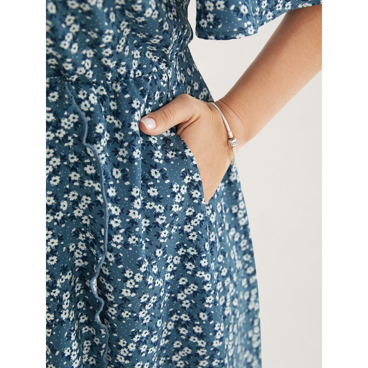 Plus Size Ditsy Floral Pocket Wrap Cold Shoulder Ruffle Dress Stone Women Romantic Non Overlap Collar Short sleeve Curvy Midi Dress BloomChic 12/L Product Image