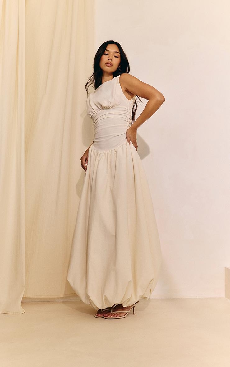 Cream Boat Neck Ruched Detail Puffball Maxi Dress Product Image