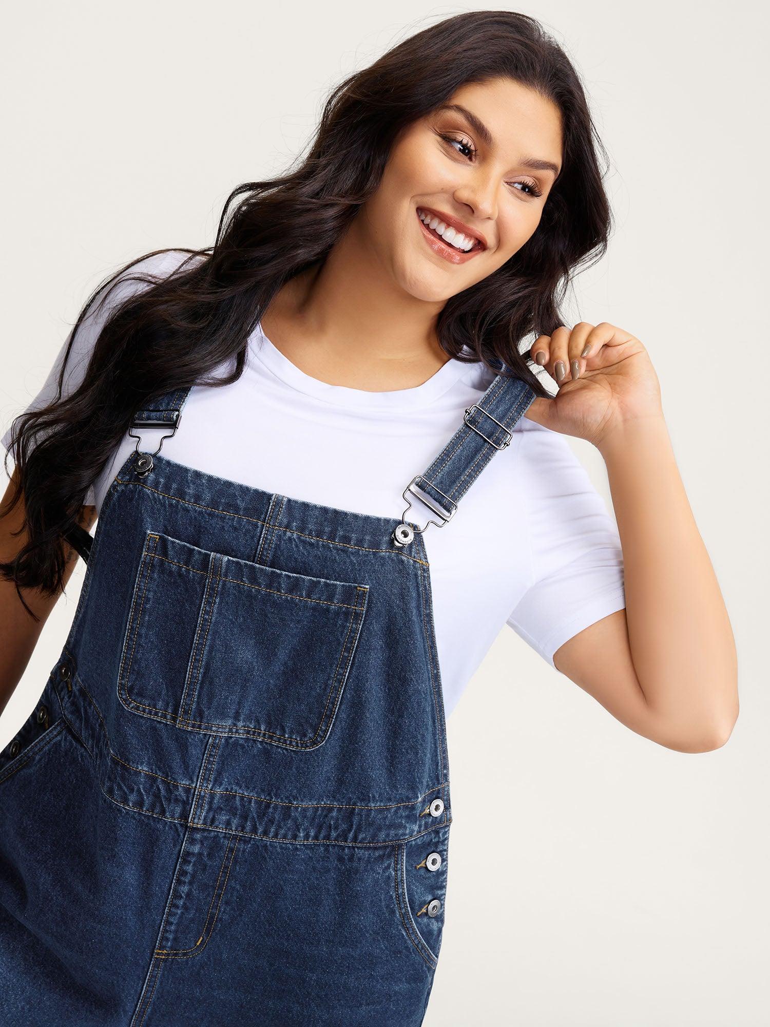 Cotton Relaxed-Fit Side Button Overall Denim Jumpsuit Female Product Image