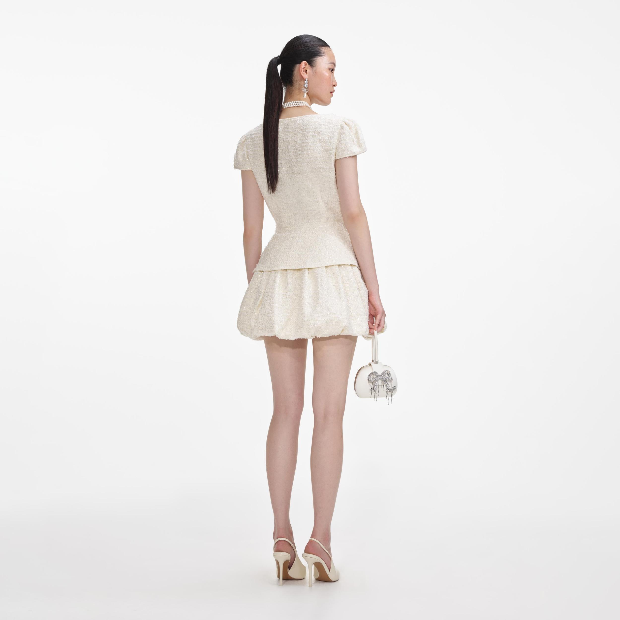 Cream Boucle Bow Detail Mini Dress Product Image