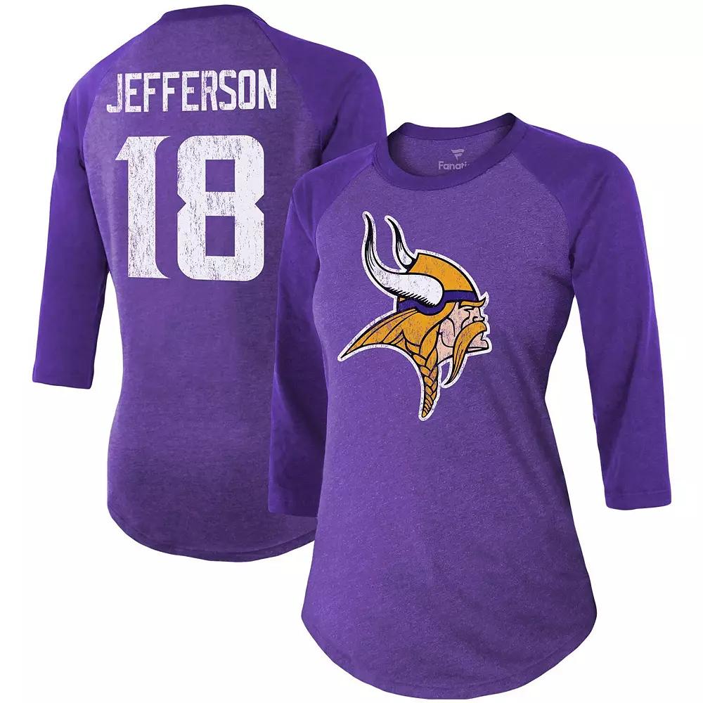 Women's Fanatics Branded Justin Jefferson Purple Minnesota Vikings Team Player Name & Number Tri-Blend Raglan 3/4-Sleeve T-Shirt, Size: Small Product Image