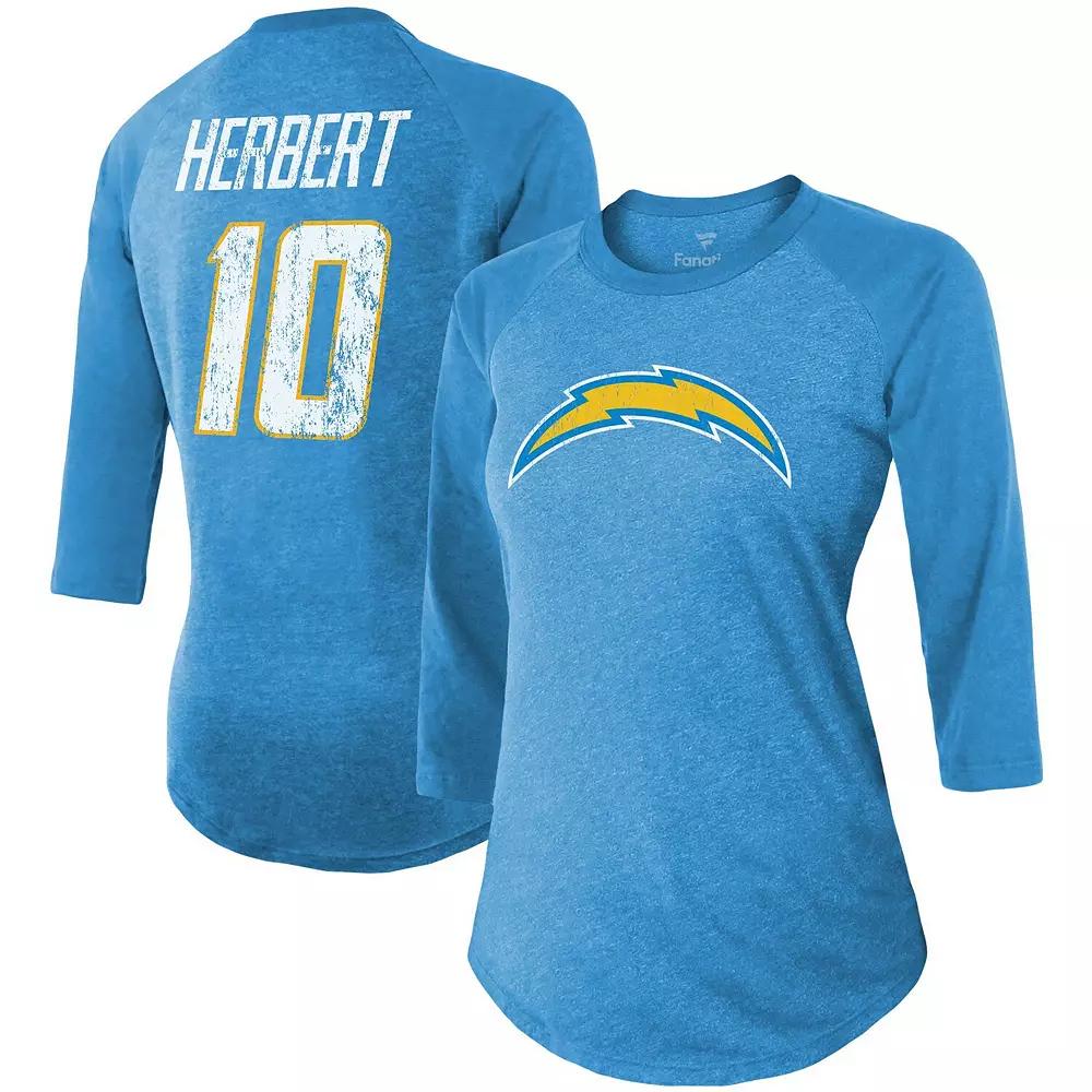 Women's Fanatics Branded Justin Herbert Powder Blue Los Angeles Chargers Team Player Name & Number Raglan 3/4-Sleeve T-Shirt,  Product Image