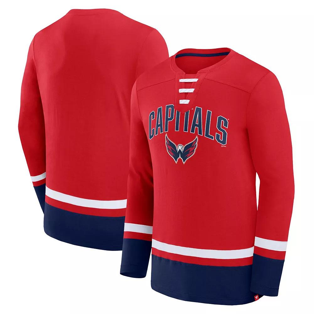 Men's Fanatics Branded Red Washington Capitals Back Pass Lace-Up Long Sleeve T-Shirt,  Product Image